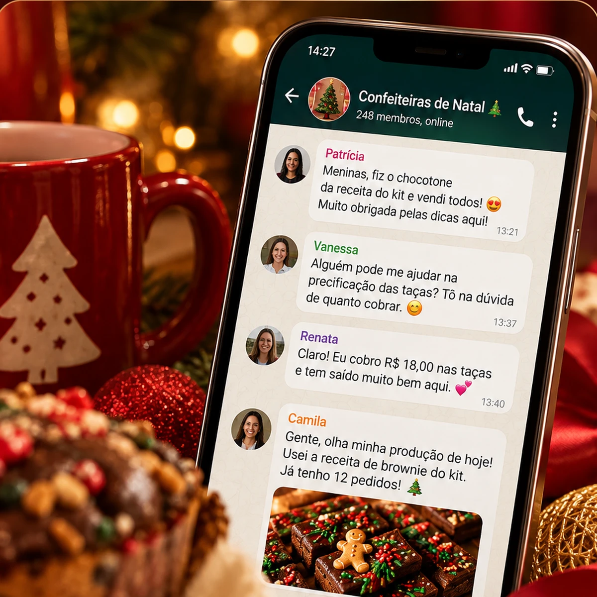 Grupo de WhatsApp Confeiteiras de Natal, com confeiteiras trocando dicas e vendas