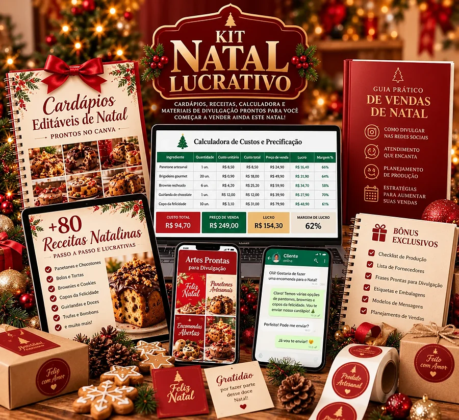 Tudo que vem no Kit Natal Lucrativo: cardápios, calculadora de preços, receitas, artes de divulgação e bônus