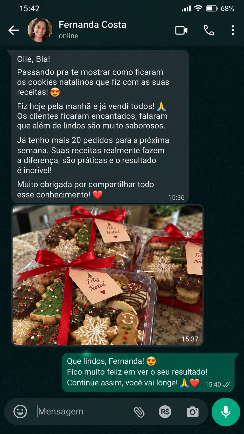 Depoimento de confeiteira que vendeu cookies natalinos feitos com as receitas do kit