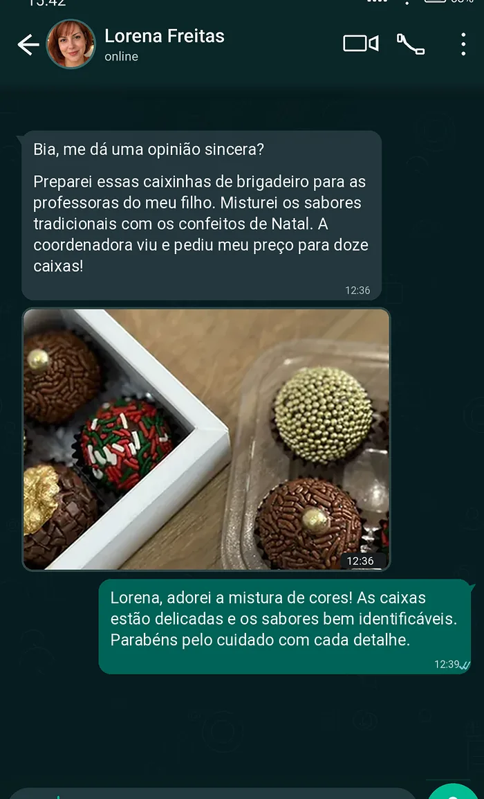Conversa no WhatsApp de confeiteira que vendeu caixas de brigadeiros