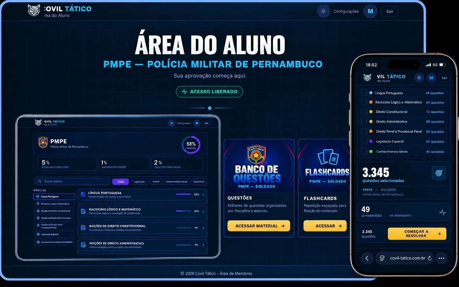 Plataforma de Treinamento PMPE aberta no computador e no celular